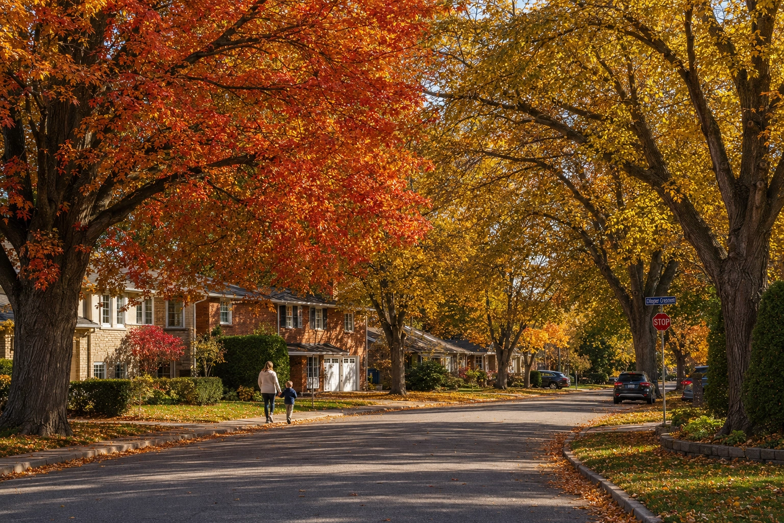 A tree-lined residential street in the Burlington and Hamilton region in autumn