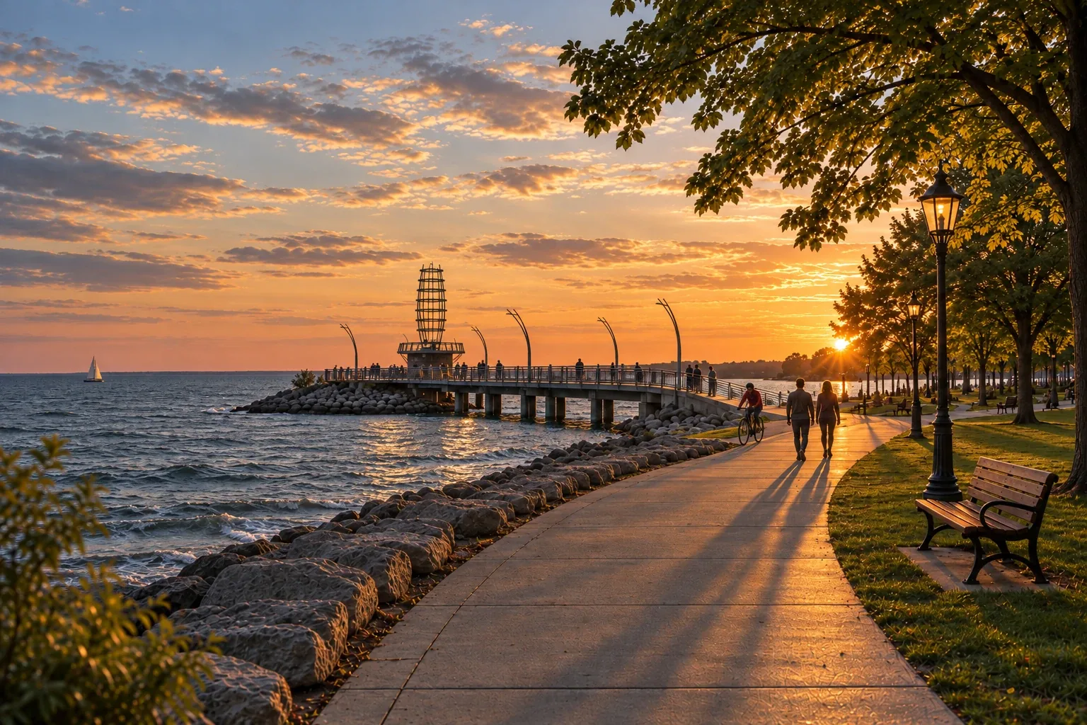 Burlington waterfront pier and lakeside trail at sunset on Lake Ontario, Burlington, Ontario